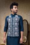 Buy_Priyanka Haralalka_Navy Cotton, Silk Embroidery Blue Nehru Jacket Set 
