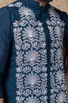 Shop_Priyanka Haralalka_Navy Cotton, Silk Embroidery Blue Nehru Jacket Set 