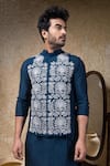 Buy_Priyanka Haralalka_Navy Cotton, Silk Embroidery Blue Machine Nehru Jacket _at_Aza_Fashions
