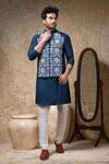 Shop_Priyanka Haralalka_Navy Cotton, Silk Embroidery Blue Machine Nehru Jacket _Online_at_Aza_Fashions