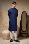 Buy_Priyanka Haralalka_Navy Cotton, Silk Blue Kurta Pant Set _at_Aza_Fashions