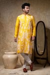 Buy_Priyanka Haralalka_Yellow Cotton, Silk Embroidery Cord Kurta Set _at_Aza_Fashions