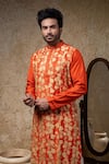 Buy_Priyanka Haralalka_Rust Cotton, Silk Embroidery, Applique Kurta And Pant Set _Online_at_Aza_Fashions