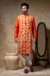 Priyanka Haralalka_Rust Cotton, Silk Embroidery, Applique Kurta And Pant Set _at_Aza_Fashions