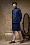 Shop_Priyanka Haralalka_Navy Cotton, Silk Embroidery Blue Nehru Jacket Set _Online_at_Aza_Fashions