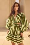 Buy_House Of Eda_Green Linen, Cotton Plunge Neck Striped Mini Dress _Online_at_Aza_Fashions