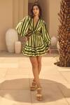 Buy_House Of Eda_Green Linen, Cotton Plunge Neck Striped Mini Dress _at_Aza_Fashions