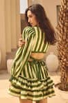 House Of Eda_Green Linen, Cotton Plunge Neck Striped Mini Dress _at_Aza_Fashions