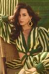 Buy_House Of Eda_Green Linen, Cotton Plunge Neck Striped Mini Dress 