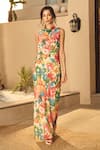 Buy_House Of Eda_Pink Viscose, Polyester Cowl Neck Floral Print Draped Maxi Dress _at_Aza_Fashions
