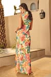 Shop_House Of Eda_Pink Viscose, Polyester Cowl Neck Floral Print Draped Maxi Dress _at_Aza_Fashions