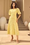 Buy_House Of Eda_Yellow Cotton Round Neck Lace Overlay Midi Dress _at_Aza_Fashions