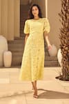 House Of Eda_Yellow Cotton Round Neck Lace Overlay Midi Dress _Online_at_Aza_Fashions