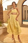 House Of Eda_Yellow Cotton Embroidery Square Neck Co-ord Set _at_Aza_Fashions