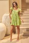 Buy_House Of Eda_Green Silk, Cotton Square Neck Floral Print Kate Dress _Online_at_Aza_Fashions