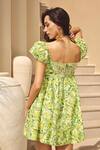 Shop_House Of Eda_Green Silk, Cotton Square Neck Floral Print Kate Dress _at_Aza_Fashions