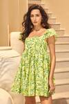 House Of Eda_Green Silk, Cotton Square Neck Floral Print Kate Dress _at_Aza_Fashions