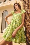 Buy_House Of Eda_Green Silk, Cotton Square Neck Floral Print Kate Dress 