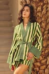 Shop_House Of Eda_Green Linen, Cotton V-neck Striped Kimono And Shorts Set _Online_at_Aza_Fashions