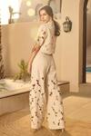 Shop_House Of Eda_Beige Linen, Cotton Embroidery Collared Cropped Co-ord Set _at_Aza_Fashions