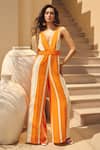 House Of Eda_Orange Cotton Plunge Neck Striped Designer Jumpsuit _Online_at_Aza_Fashions