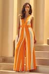 Buy_House Of Eda_Orange Cotton Plunge Neck Striped Designer Jumpsuit _at_Aza_Fashions