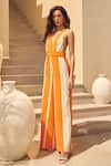 House Of Eda_Orange Cotton Plunge Neck Striped Designer Jumpsuit _at_Aza_Fashions