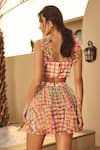 Shop_House Of Eda_Pink Nylon, Cotton Ruffles Plunge Neck Multicolor Checkered Co-ord Set _at_Aza_Fashions