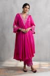 Buy_Neelu And Manvi_Pink Satin, Organza Embroidery V-neck Hand Kurta Set _at_Aza_Fashions