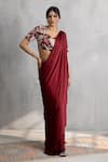 Shop_Neelu And Manvi_Maroon Satin, Organza Embroidery, Applique V-neck Saree Set _Online_at_Aza_Fashions