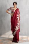 Buy_Neelu And Manvi_Maroon Satin, Organza Embroidery, Applique V-neck Saree Set _at_Aza_Fashions