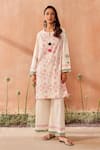 Seema Nanda_Ivory Cotton, Poplin Embroidery Round Neck Floral Print Kurta Set _at_Aza_Fashions