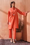 Seema Nanda_Coral Cotton, Poplin Embroidery Collared Peach Mrinalini Kurta Set _at_Aza_Fashions