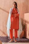 Buy_Seema Nanda_Coral Cotton, Poplin Embroidery Collared Peach Mrinalini Kurta Set _at_Aza_Fashions