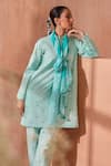 Buy_Seema Nanda_Aqua Cotton, Poplin Embroidery Mandarin Collar Blue Falak Kurta Set _Online_at_Aza_Fashions