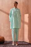 Shop_Seema Nanda_Aqua Cotton, Poplin Embroidery Mandarin Collar Blue Falak Kurta Set _Online_at_Aza_Fashions