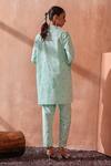 Seema Nanda_Aqua Cotton, Poplin Embroidery Mandarin Collar Blue Falak Kurta Set _at_Aza_Fashions