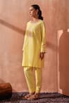 Seema Nanda_Yellow Cotton, Poplin Embroidery Round Neck Lemon Nooriya Kurta Set _Online