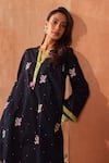 Shop_Seema Nanda_Blue Cotton, Poplin Embroidery Round Neck Midnight Kashish Kurta Set _Online_at_Aza_Fashions