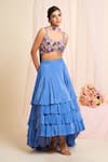 House Of Akshata_Blue Crepe Embroidery Round Neck Floral Ruffle Skirt Set _Online_at_Aza_Fashions