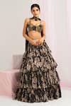 Buy_House Of Akshata_Black Organza, Satin Embroidery Round Neck Tropical Leaf Lehenga Set _at_Aza_Fashions