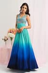 Shop_House Of Akshata_Aqua Crepe Beads, Embroidery V-neck Turquoise Ocean Elegance Gown _at_Aza_Fashions