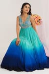 House Of Akshata_Aqua Crepe Beads, Embroidery V-neck Turquoise Ocean Elegance Gown _Online_at_Aza_Fashions