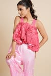 Shop_House Of Akshata_Pink Satin Embroidery Round Neck Whimsical Ruffle Jumpsuit _Online_at_Aza_Fashions