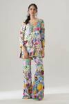 House Of Akshata_Multi Color Bemberg, Satin Embroidery V-neck Artisan Flair Co-ord Set _Online_at_Aza_Fashions