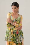 House Of Akshata_Yellow Crepe, Net Embroidery V-neck Tropical Breeze Peplum Set _Online_at_Aza_Fashions