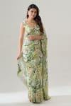Shop_House Of Akshata_Green Chinon Embroidery Round Neck Hand Saree Set _at_Aza_Fashions