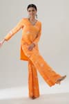 Shop_House Of Akshata_Orange Bemberg, Satin Embroidery V-neck Sunset Glow Co-ord Set _Online_at_Aza_Fashions