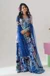 House Of Akshata_Blue Georgette, Net Embroidery, Sequins Round Neck Midnight Bloom Peplum Set _Online_at_Aza_Fashions