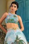 House Of Akshata_Sky Blue Crepe, Tissue Embroidery Round Neck Beach Print Embellished Lehenga Set _Online_at_Aza_Fashions